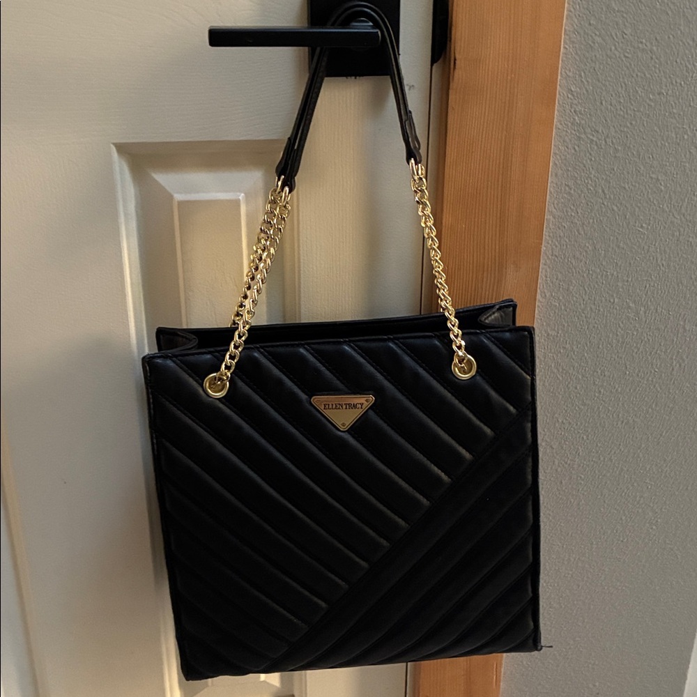 Ellen Tracy Black Quilted Crossbody Tote with Gold Chain